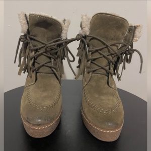 Sam Edelman Womens' Moss Green Kemper Fringe Round Toe Wedge Boots